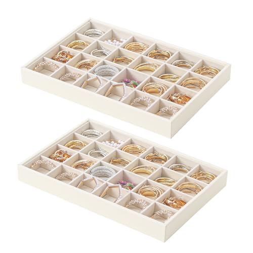 Stackable Jewelry Organizer Tray For Drawers,White Leather Small Earring Storage Tray,Bracelet And Necklace Display Box,Jewelry Ring Display Case (Creamy White 24 Grids) - style: Creamy White 24 Grids