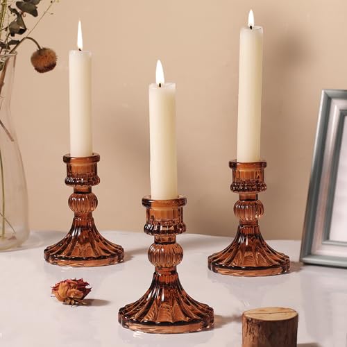 12PCS Amber Candlestick Holders Set- 4" H Taper Candle Holders, Glass Candle Holders Bulk for Wedding, Party, Fall Home Table Centerpieces, Festival Gifts & Windowsill Decor - color: Amber Striped Pattern