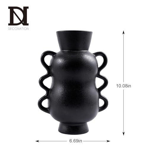 DN DECONATION Black Ceramic Vase Home Decor with Wave Handles, 10'' Tall Rustic Farmhouse Flower Vase for Table Centerpiece, Bookshelf, Living Room, Office, Modern Nordic Minimalist Decorative Vases