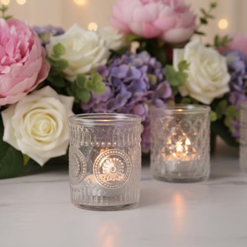 LETINE 16 Pcs Clear Glass Votive Candle Holders, Set of 4 Assorted Embossed Patterns, Tealight Candle Holders Bulk for Spring Summer Wedding Table Centerpieces, Valentine's Day & Party Decorations - color: Clear