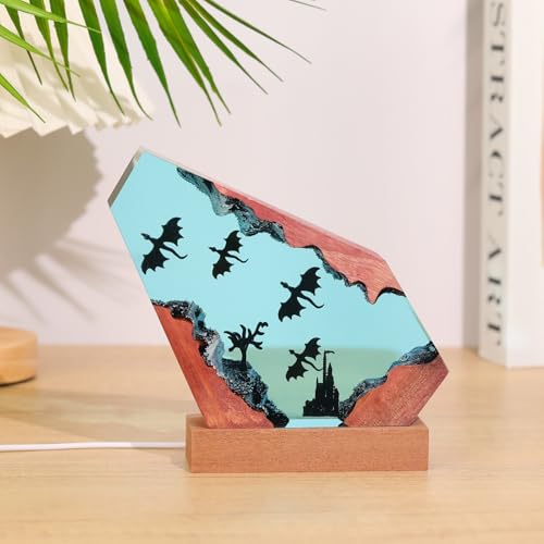 Drawelry Ocean Creative Epoxy Resin Wood Light Lamp, Handmade Multi Color Aquatic Ocean Lamp Deep Sea Diver Cave Diving Enthusiasts Led Night Light Desktop Decor Christmas Birthday Gift (Dragon, S) - color: Dragon