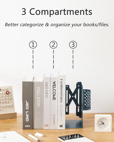 Kingsmile Book Ends, Adjustable Bookends for Shelves, Metal Bookends for Heavy Books, Book Stopper Organzier with Pen Holder for Desk, Kids Room, Office, Classroom, Library, Study Room.(Blue) - color: Blue
