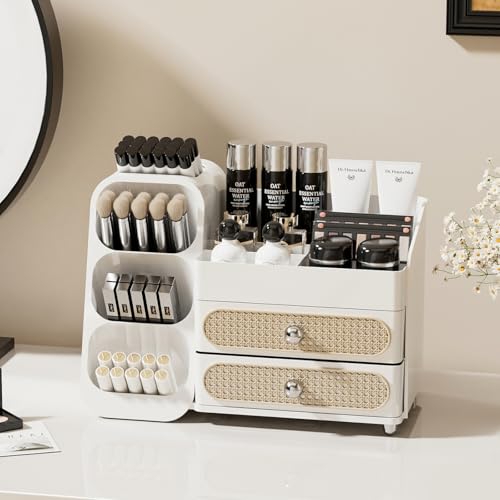 Booklov Makeup Organizer for Vanity, Large Capacity Cosmetic Display Case with Drawers, Countertop Beauty Storage Holder for Skincare, Brush Eyeliner Perfume Eyeshadow Lipsticks, Counter Desk, White - color: White, size: L01