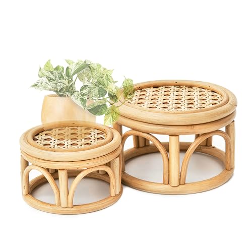 Set of 2 Small Boho Rattan Wicker Round Riser Plant Stand Indoor,Rustic Farmhouse Natural Wooden Circle Pedestal for Decor & Display, Tabletop, Office Decor - size: 6.0" & 8.0"