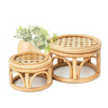 Set of 2 Small Boho Rattan Wicker Round Riser Plant Stand Indoor,Rustic Farmhouse Natural Wooden Circle Pedestal for Decor & Display, Tabletop, Office Decor - size: 6.0" & 8.0"