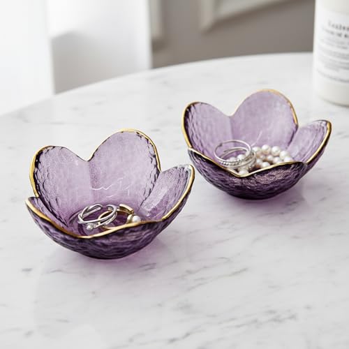 Purple Flower Ring Dish Jewelry Tray, Small Glass Trinket Tray for Rings Earrings, Present for Wife Mom Daughter Women - color: Purple