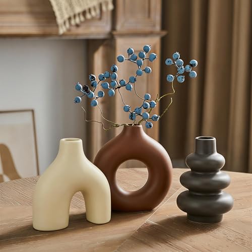 Modern Ceramic Decorative Vase Set of 3 – Minimalist Sculptural Vases for Living Room, Shelf & Table Decor, Nordic Donut Vase Set for Contemporary Home Decor (Cream Matte and Brown) - color: Cream Matte and Brown