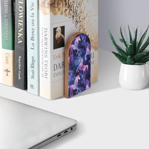 Galaxy Unicorn Book Ends Decorative Wood Bookends for Shelves Kids Room Desk Home Office Book Stoppers for Books, DVDs, 1 Pair/2 Pieces(5x3.1 in) - color: Galaxy Unicorn