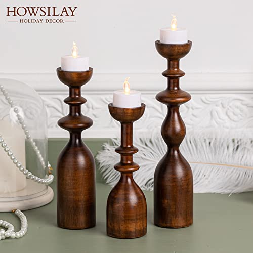 HOWSILAY Candle Holder Wood Candle Holders for Table Centerpiece Candlestick Holders Modern Farmhouse Decor Candlesticks fits 3/4" or 7/8" Taper Candle and Dia 1.5" Led Tea Lights or Pillar Candles - color: Brown