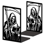 Peacoblue Metal Bookends for Shelves, Modern Decorative Heavy Duty Study Book Ends Stoppers for Office Desk Shelf Room 5.3"x4.3"x7.9" Cast Iron Bookends 1 Pair (Grim Reaper Reading Book with Sickle) - style: Grim Reaper Reading Book with Sickle