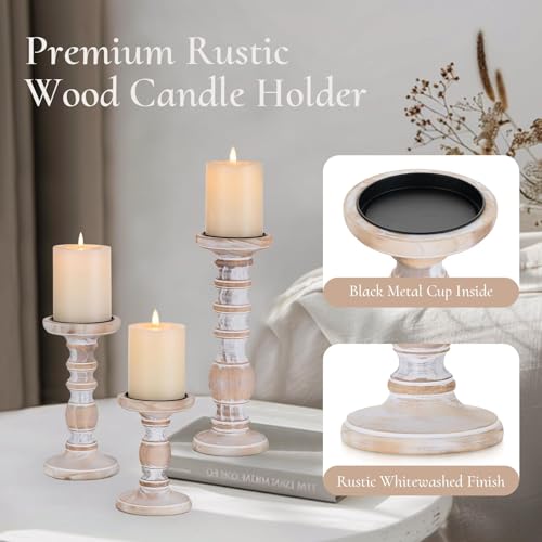 Wood Pillar Candle Holder: 3Pcs Rustic Candle Holders for Pillar Candles Wood Candle Holders Distressed Wooden Farmhouse Large Candle Holder Fireplace Table (Rustic White, 5.9", 7.87", 11") - color: Rustic White, size: 5.9", 7.9", 11"