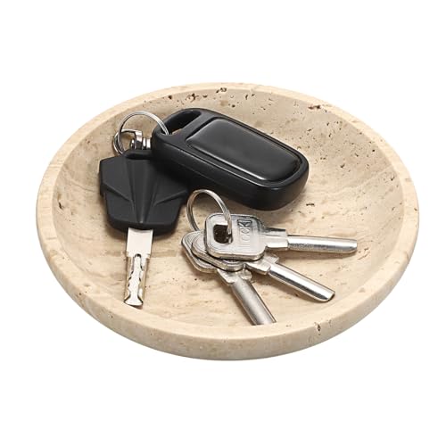 Hipiwe Small Key Bowl for Entryway, 5.5" Round Decorative Ring Holder Dish Natural Travertine Stone Trinket Tray Jewelry Dish Plate Candle Tray for Earring Necklaces Home Decor - color: Beige, size: 5.5"