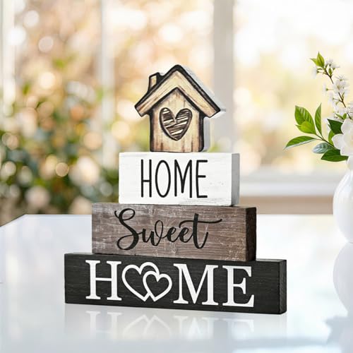 Smile 4 Pcs Farmhouse Wooden Tabletop Decor Home Tiered Tray Decoration, Rustic Retro Neutral Wood House-Shaped Block Sign, Centerpiece Suitable for Home Shelves Fireplace Mantels - style: Sweet House
