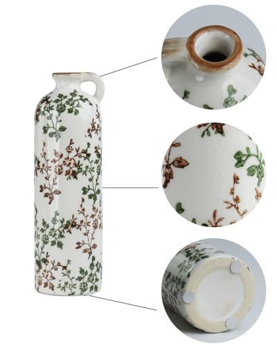 3-Piece Ceramic Jug Vase Set with Handles – Vintage Green Floral Crackle Glaze Decorative Vases for Home, Farmhouse Living Room, Shelf & Table Decor - color: Green & Brown02
