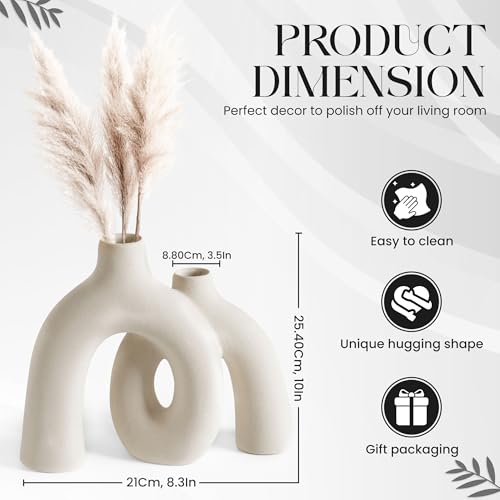 Ceramic Hug Vase (Creamy White) Modern Donut Style Hugging Vases for Flowers Minimalist Decor – Hollow Ceramic Waterproof Home Decor Vases for Living Room, Bed Room, Book Shelf, Entryway, Table - color: Creamy White