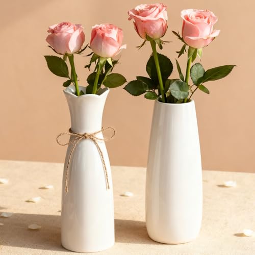 Arawat 2 Ceramic Vase White Flower Vase for Home Decor Modern 7.9 inch Mini Vase for Table Shelf Home Decor Vase for Fireplace Bedroom Kitchen Living Room Wedding Office Desk Birthday Gifts - color: 2 Set 7.9 Inch White Ceramic Vase for Home Decor