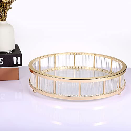 Hipiwe Gold Metal Perfume Tray - 12" Round Vanity Makeup Tray Jewelry Trinket Organizer Tray Coffee Table Decorative Tray Dresser Bathroom Tray with Acrylic Column Decor and Clear Glass Base