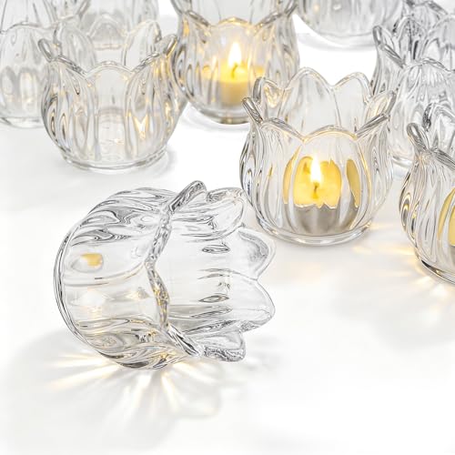Elsjoy Set of 12 Tulip Glass Votive Candle Holders, Decorative Tea Light Candle Holders, Clear Glass Flower Tealight Candle Holder for Table Centerpieces, Wedding Decor