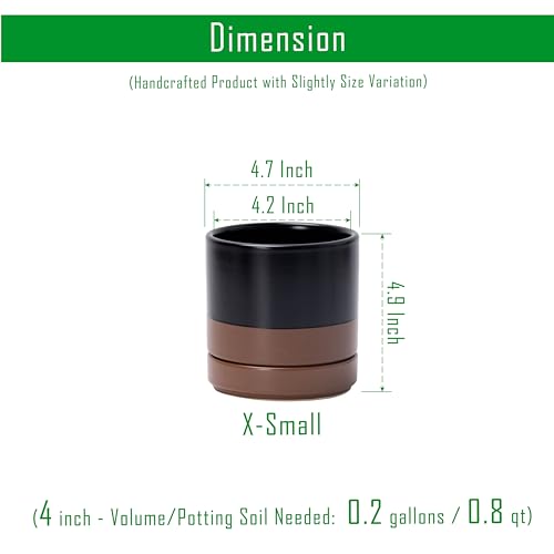 D'vine Dev Set of 4 Small Ceramic Plant Pots, 4.7 Inch Succulent Planter Pot for Plants with Drainage Hole and Saucer, Black/Speckled Tan, 94-X-B-7 - color: Black/Speckled Tan, size: 4.7 Inch