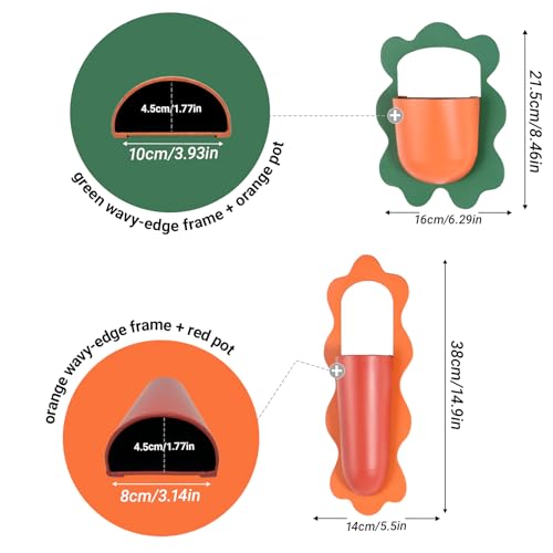 Metal Wall Planters Set of 2, Retro Wavy-Edge Hanging Vases - Orange & Green Red Iron Wall-Mounted Planters for Indoor Plants, Flowers & Home Decor (Living Room, Bedroom, Bathroom)
