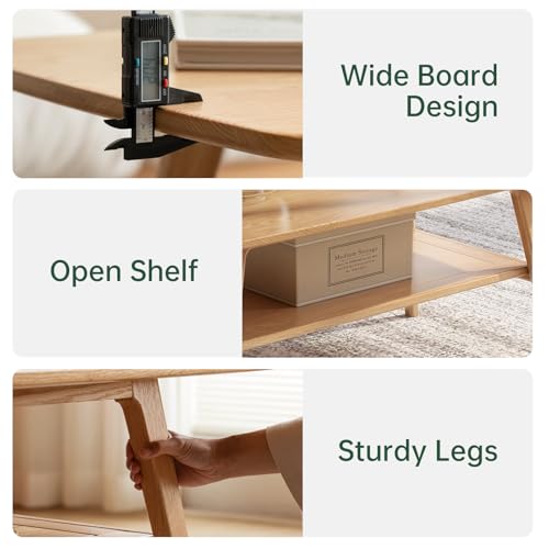 100% Solid Oak Wood Coffee Table for Living Room, Small Table with Shelf Storage, Mid Century Modern Coffee Tables with Rounded Corners for Home (Natural, 31.49" x 19.68" x 17.32") - color: Natural Colour, size: 31.49"W x19.68" D x 17.32" H