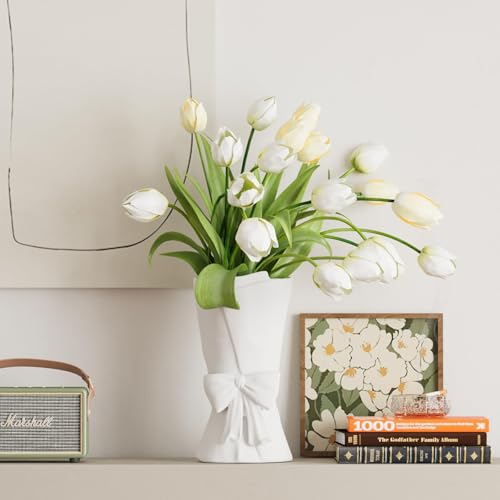 Relexome White Ceramic Bow Vase Unique Cute Decorative Bouquet Flower Vases 9.64 in Mother's Day Spring Decor Vase - color: Matte White