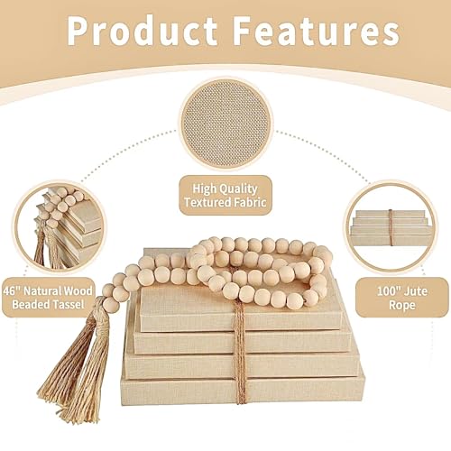 Linen Covered Decorative Books 4 Pieces, Neutral Home Decor Coffee Table Books with Wooden Beaded Tassel, Stacked Books for Rustic Farmhouse Modern, Boho, Bookshelf, Fireplace Mantel Décor, Beige - color: Beige