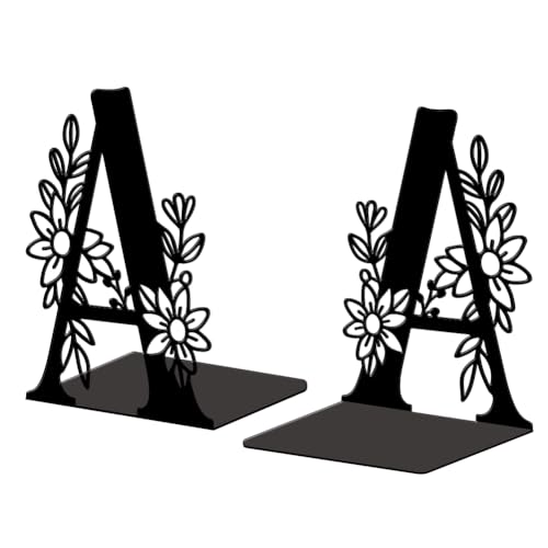 Peacoblue Metal Bookends for Shelves, Modern Decorative Heavy Duty Study Book Ends Stoppers for Office, Desk, Shelf, Room 5.3"x4.3"x7.1" Cast Iron Simple Tall Bookends 1 Pair (Letter A with Flower) - style: Letter A with Flower