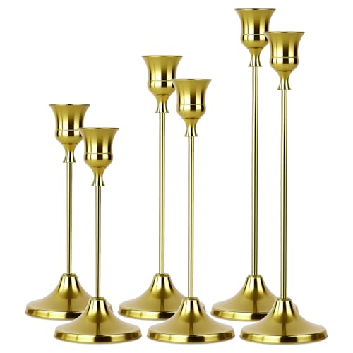 2 Sets(6 Pcs) Brass Tapered Candle Holder,Candlestick Tall Metal Candlestick Holders for Table Centerpiece Home Decor for Wedding Fireplace Mantel Housewarming Gift Fits 3/4 Inch Thick Candles - color: Brass