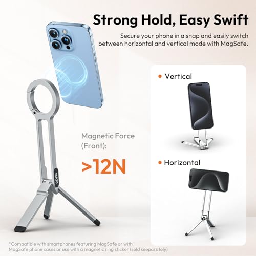 ULANZI MA30 Magnetic Phone Tripod Stand for iPhone - Aluminium Maglock Smartphone Mini Tripod Pocket Cell Phone Stand Strong Magnet Quick Mount Compatible with iPhone 17 16 15 14 13 12 Series, Silver - color: Silver