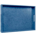 20 * 14 inches Leather Rectangle Serving Tray with Hole Handles,High-End Light Large Service Tray for Ottoman Tray, Tea, Food, Butler - Countertop, Kitchen,Family Dinner, Picnic (Blue) - color: Blue, size: 20" x 14" x 2"