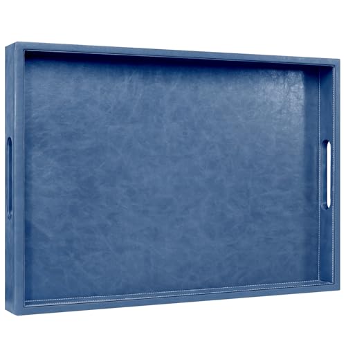20 * 14 inches Leather Rectangle Serving Tray with Hole Handles,High-End Light Large Service Tray for Ottoman Tray, Tea, Food, Butler - Countertop, Kitchen,Family Dinner, Picnic (Blue) - color: Blue, size: 20" x 14" x 2"