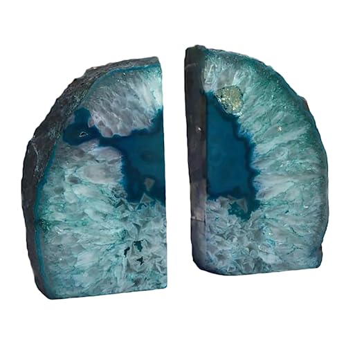 JIC Gem Crystal Bookends for Shelves Teal Agate Bookends Geode Book Ends to Hold Books Heavy Duty Bookends with Rubber Bumpers for Decoration(1 Pair, 6 to 8 Lbs) - color: Green Dyed, size: 6-8LBS.