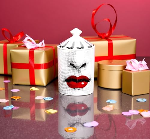AlphaDesignLuxe Decorative Candle Holder Handcrafted Aromatherapy Candle Jar Italian Designer Décor Fashionable Tabletop Vase Modern Art Female Face Eyes Lips Centerpiece. (Red Lips)