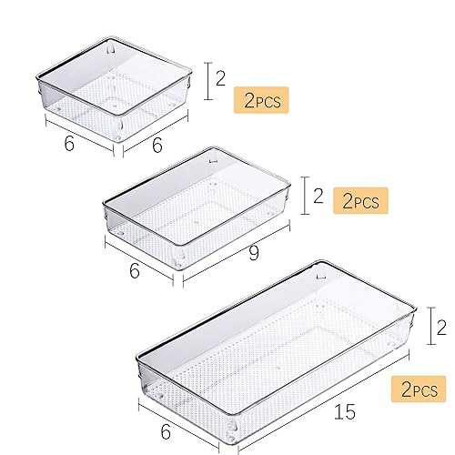 ihomecooker 3 Pack Clear Plastic Drawer Organizer Tray Cutlery Utensil Makeups Drawer Silverware Organizers 12" X 6"… (6P(6X6+6X9+6X15)) - size: 6 Pack Mixed Sizes Clear Plastic