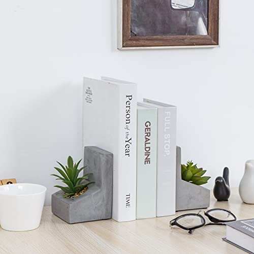 MyGift Decorative Bookends for Heavy Books, Book Ends with Planted Artificial Succulent Plants, Book Stands for Shelves Desktop, 1 Pair, L-Shaped Concrete - color: Artificial Succulent