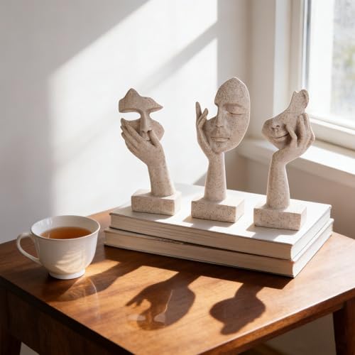 3 Pcs Thinker Small Statue Set - Art Resin Abstract Home Accent Figurines for Decor Woman Apartment Bookshelf Floating Shelf Coffee Table Office Desk Counter Decor (3 Pcs Sandstone, 6") - color: 3 Pcs Sandstone, size: 6"