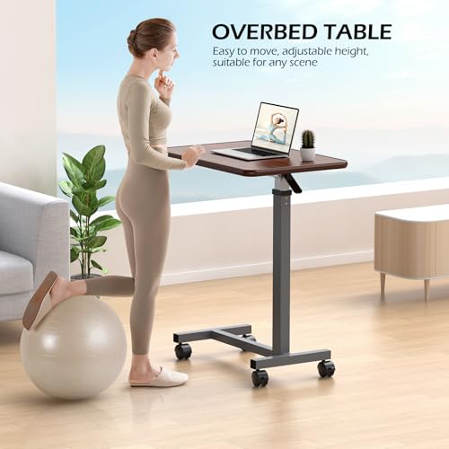 WOTURE Adjustable Overbed Table with Wheels, Pneumatic Height Adjustment, Ideal for Hospital Use or At Home as Bed Tray, Standing Desk, Bedridden & Mobility Needs, Walnut - color: Walnut