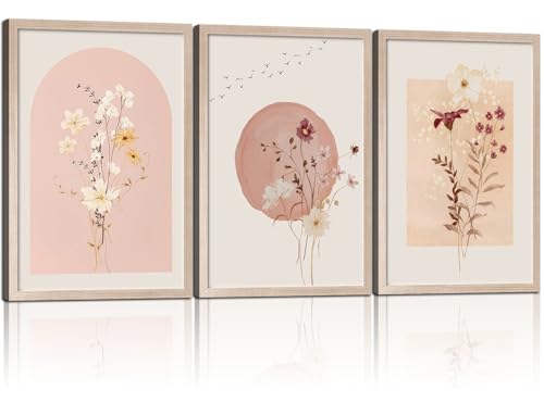 MochaMilly 3Pcs Framed Watercolor Flower Wall Art Wildflower Floral Wall Decor Pictures Botanical Canvas Wall Art Vintage Prints Boho Flower Painting Minimalist Floral Poster for Room Bedroom 12”x16” - color: Botanical Prints, size: 12"x16"