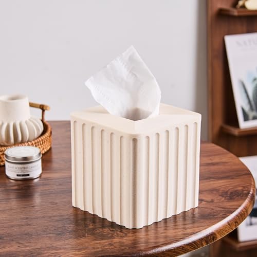 Striped White Sandstone Tissue Box Cover Square for Home Decor,Resin Heavy Tissue Box Holder for Bathroom Countertop,Tabletop,Bedside Table,Office (Handmade of Resin) - color: T-white