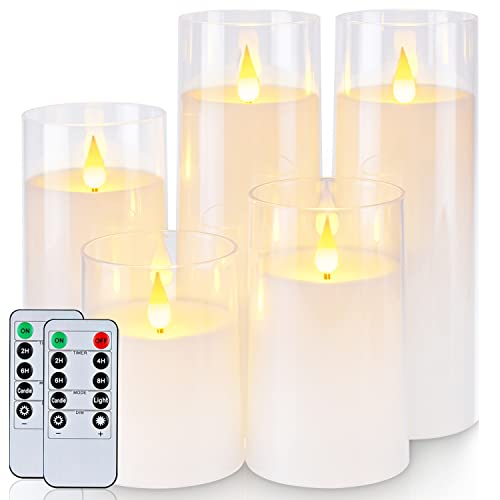 Homemory Pure White Flickering Flameless Candles, Battery Operated Acrylic LED Pillar Candles with Remote Control and Timer, Set of 5 - color: Pure White