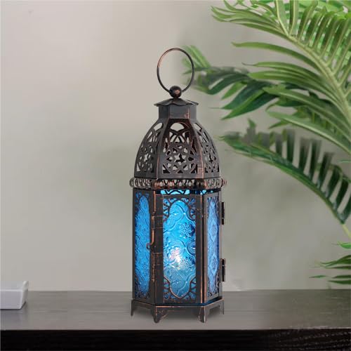 NEEDOMO Hanging Moroccan Lantern, 11'' Vintage Candle Holder, Metal Lanterns Decorative Indoor Outdoor, Table, Patio, Porch, Shelf, Gothic Home Decor (Blue, Medium Size) - color: Blue, size: Medium