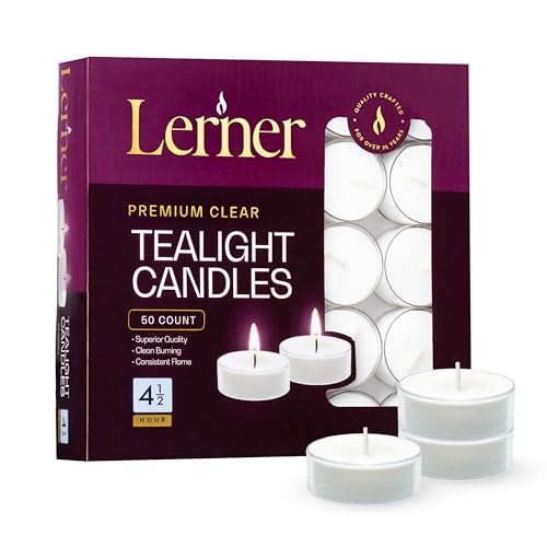 Lerner Clear Tea Lights Candles Bulk - 4.5 Hour Clear Cup Tealight 50 Pack - Consistent Smkless Clean Burning - Holiday, Wedding, Spa, Emergency and Home Decoration Candles - size: 50 Count