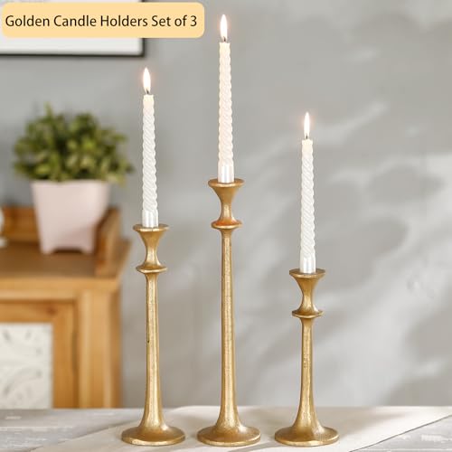 Gold Taper Candle Holders Set of 3, Heavy Candlestick Holders Decorative Candle Stand for Table Centerpiece, Cast Iron Candle Stick Holder Decor - color: Antiqued Gold 2