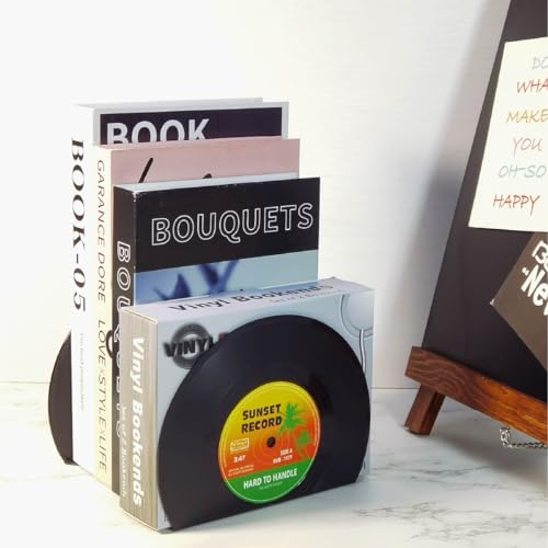 Modern Bookends for Shelves, Retro Vinyl Record Design Bookends Decorative Bookends for Vintage Lovers, Music Lovers Decorative Book Stopper for Home (1 Pair (Black) - color: Black