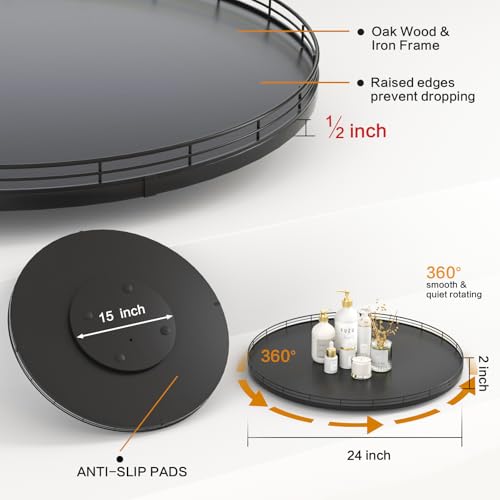 Oroyutor 24" Oak Wooden Lazy Susan Turntable for Dining Table, Extra Large Round Lazy Susans Organizer for Kitchen Countertop Charcuterie Boards Cheese Board Organization and Storage Black Home Decor - color: Black, size: 24