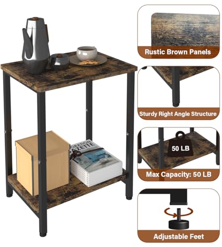 2 Tier Side Table, Heavy Duty End Table with Shelves, Narrow nightstand Table for Small Spaces, Record Player Table for Bedroom, Living Room, Sofa Couch - Rustic Brown & Black - color: Black, size: 2-Tier