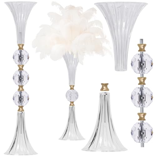 VIJIV Crystal Acrylic Trumpet Vase for Wedding Centerpieces & Home Decor - 24.8" Clear Flower Stand with Ribbed Texture, Gold Accents, Table/Floor Vase for Events, Bridal Showers & Boho Weddings - size: L/24.8 Inch Tall