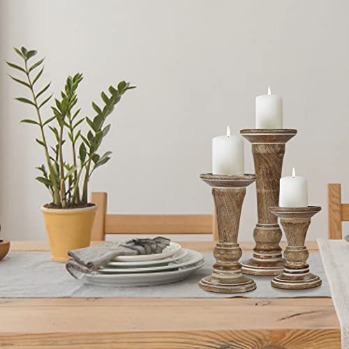 Hand Crafted Decorative Wooden Pillar Candle Holder Stand Siren Shape, Rounded Turned Colums, Country Style Ideal for Gift, Wedding, Christmas, Party, Home, Spa - 10,8,6 Inch Set of 3 - White Wash - color: White Wash, size: 10,8,6 Inch Set of 3 - Siren