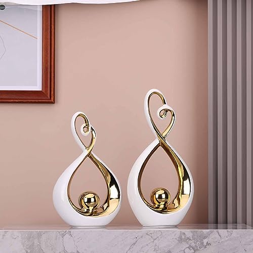 DOVDOV Modern Art Home Decor, Ceramic Abstract Sculpture 2 Piece Set, White and Gold Room Decor, Gorgeous Home Decor for Office, Shelf, Coffee Table and Desktop Decor Aesthetics. - color: 55-2